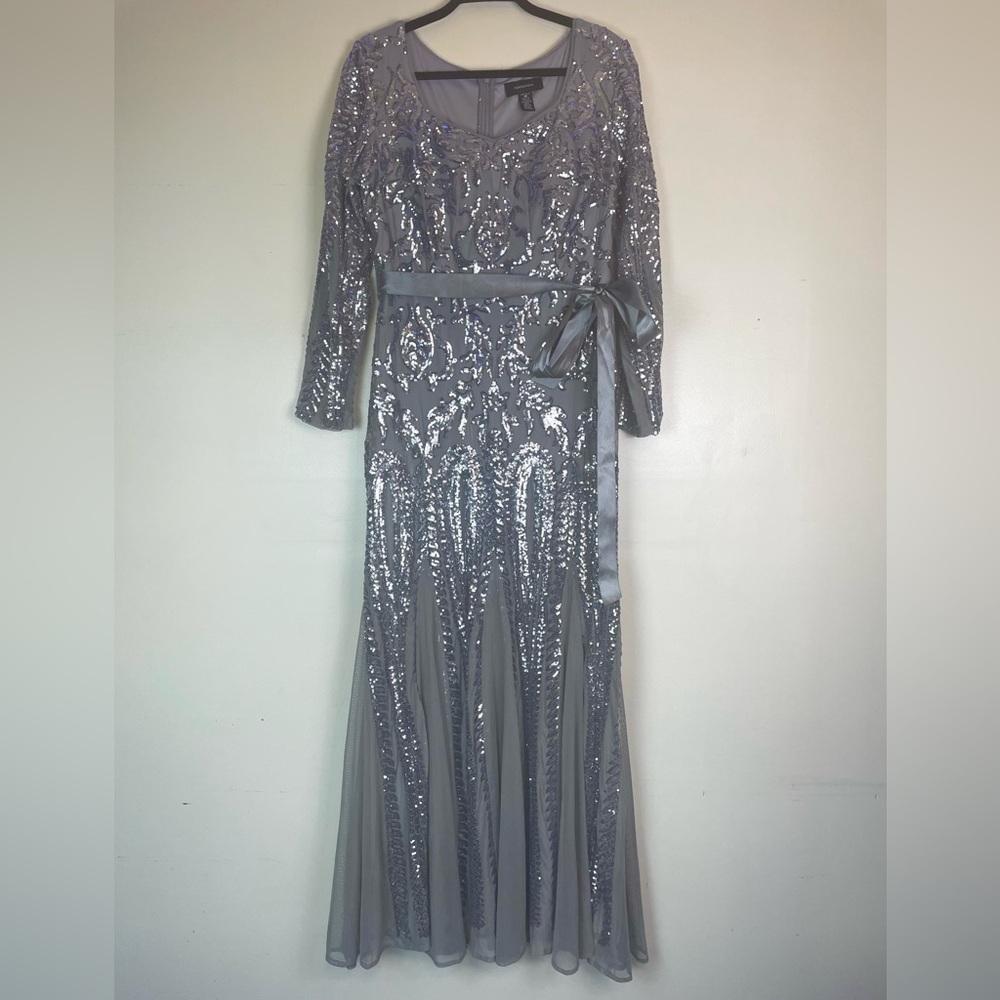 R&M Richards Women's Size 14 Sweetheart Sequin Silver Gown Dress Long-sleeve